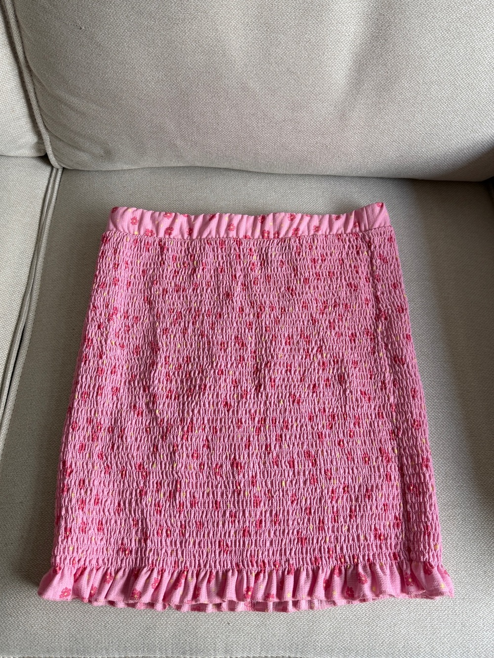 Smocked Pink Mini Skirt with Ruffle Hem
